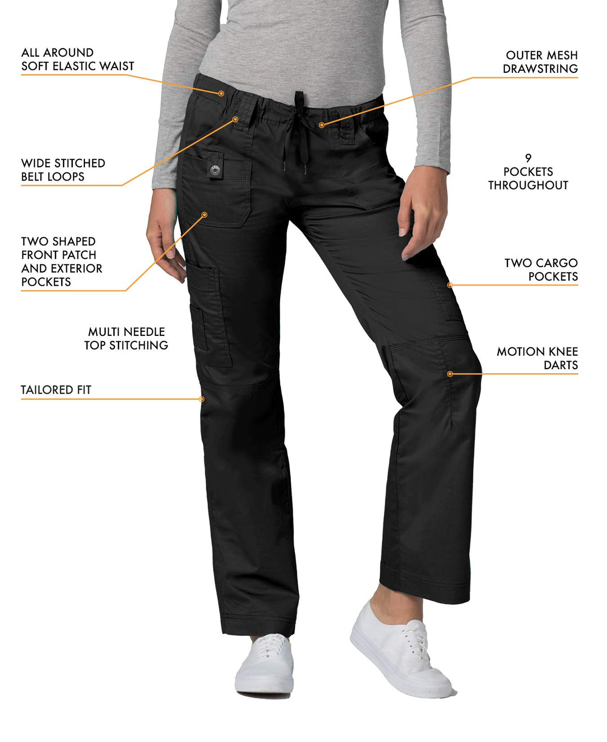 Adar Active Classic Scrub Set For Women - Crossover Top and Multi Pocket Pants - 3500 - Black - XXS