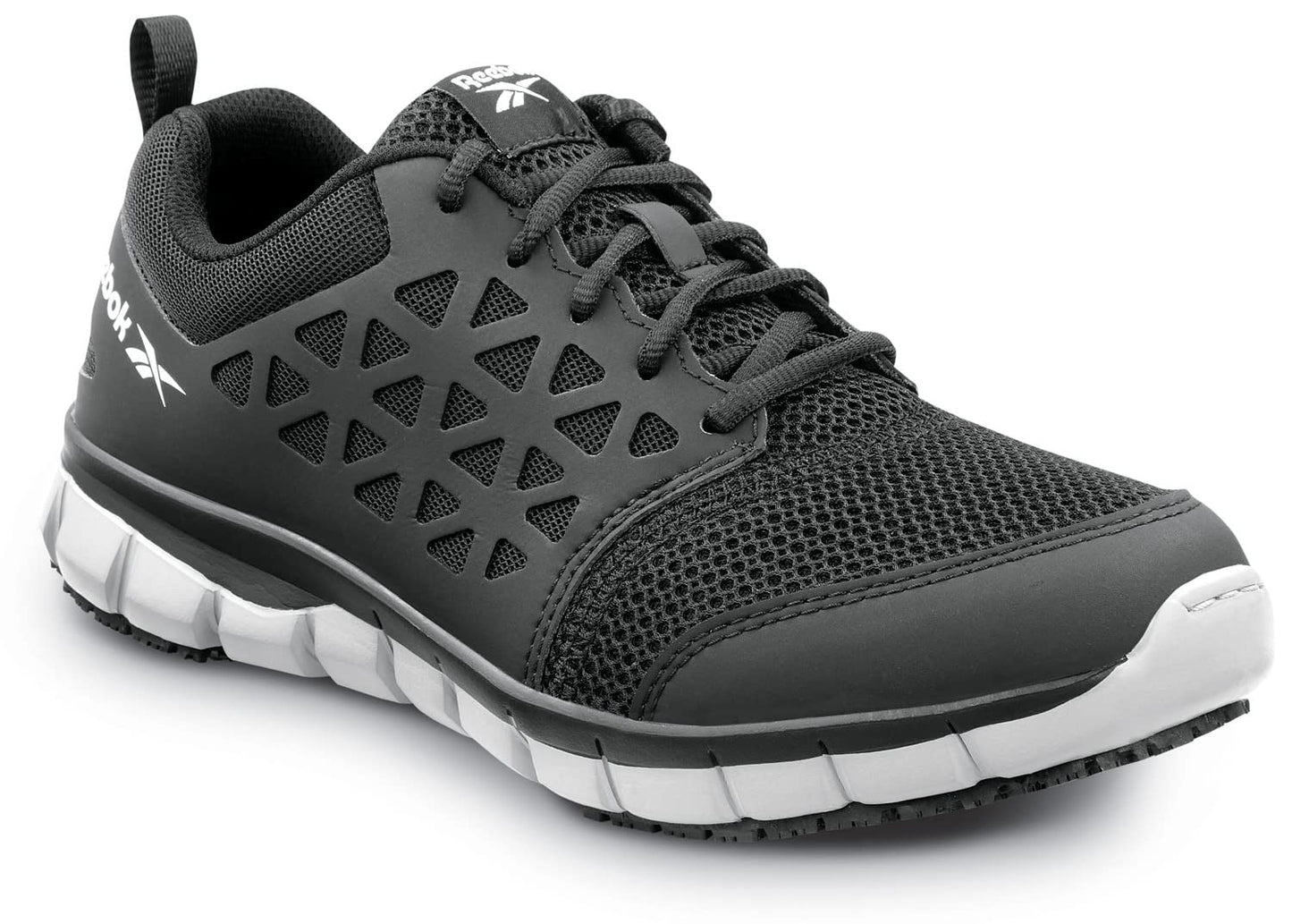 Reebok Work Sublite Cushion Work, Men's, Black/Gray, Athletic Style, MaxTrax Slip Resistant, Soft Toe Work Shoe (7.5 M)