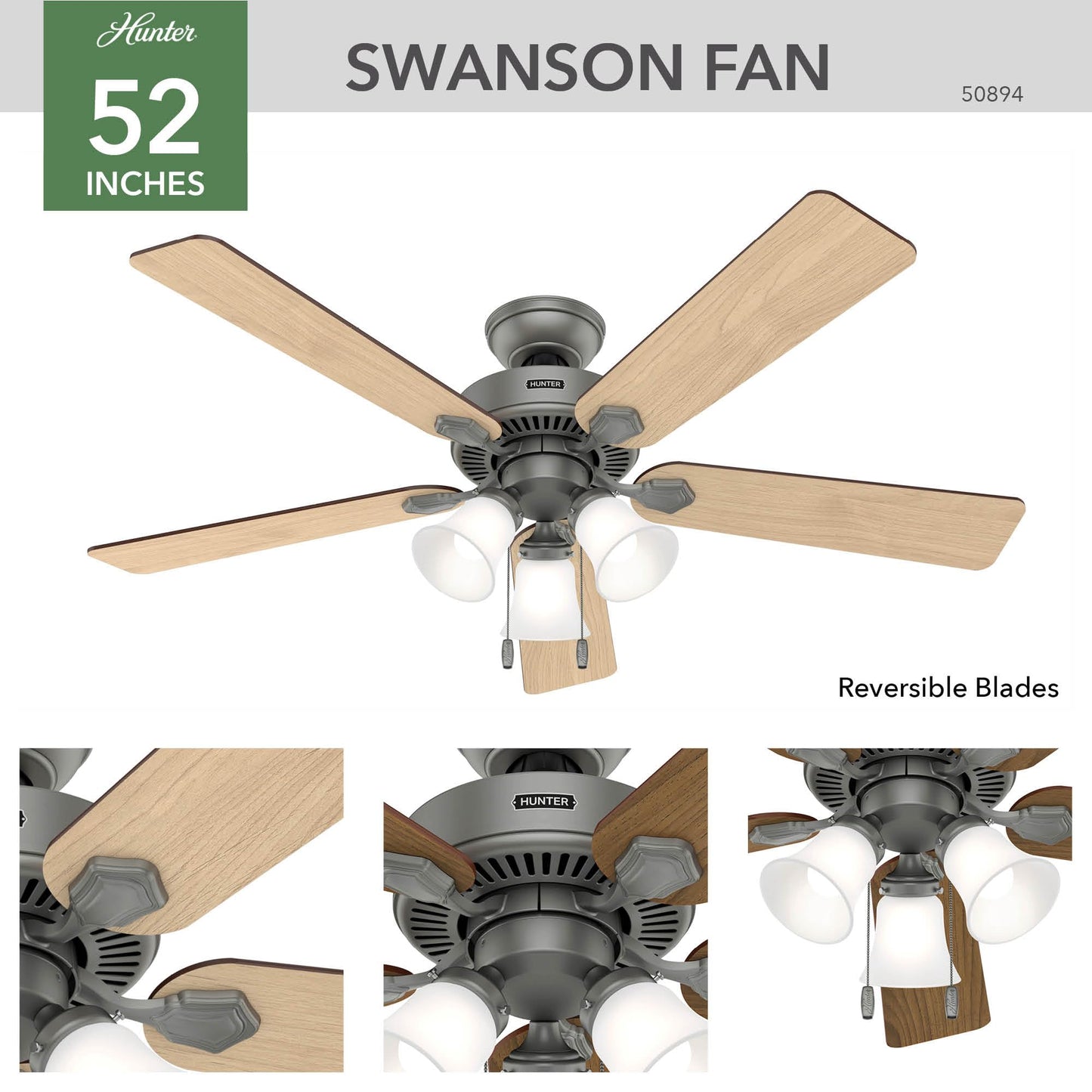 Hunter 52 inch Indoor Ceiling Fan with LED Lights - Ceiling Fan with Pull Chain, For Bedroom, Living Room, or Kitchen, Standard Mount, No Remote, 5 Blades - Swanson 50894, Matte Silver