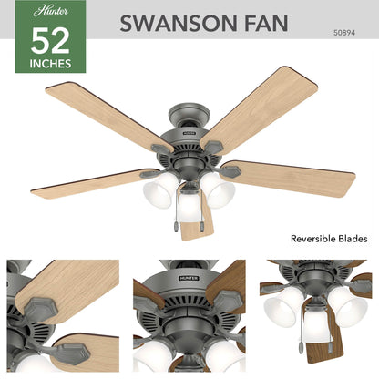 Hunter 52 inch Indoor Ceiling Fan with LED Lights - Ceiling Fan with Pull Chain, For Bedroom, Living Room, or Kitchen, Standard Mount, No Remote, 5 Blades - Swanson 50894, Matte Silver