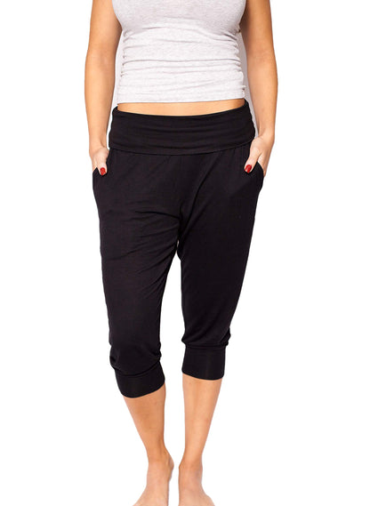 Evelyn Rose Foldover Waist Jogger Sweatpant Capri with Pockets (Black, Medium)