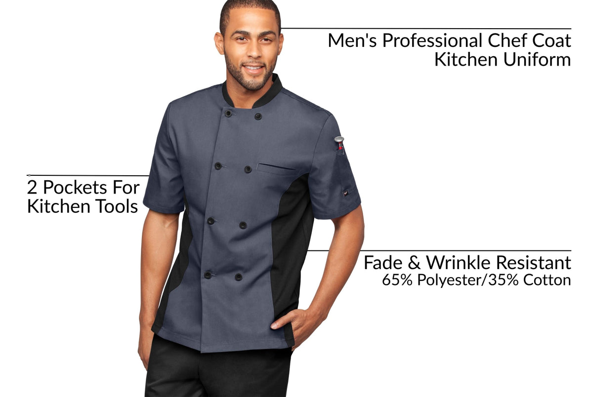 Mens Short Sleeve Chef Coat Mesh Side Panels (Small, Granite/Black)