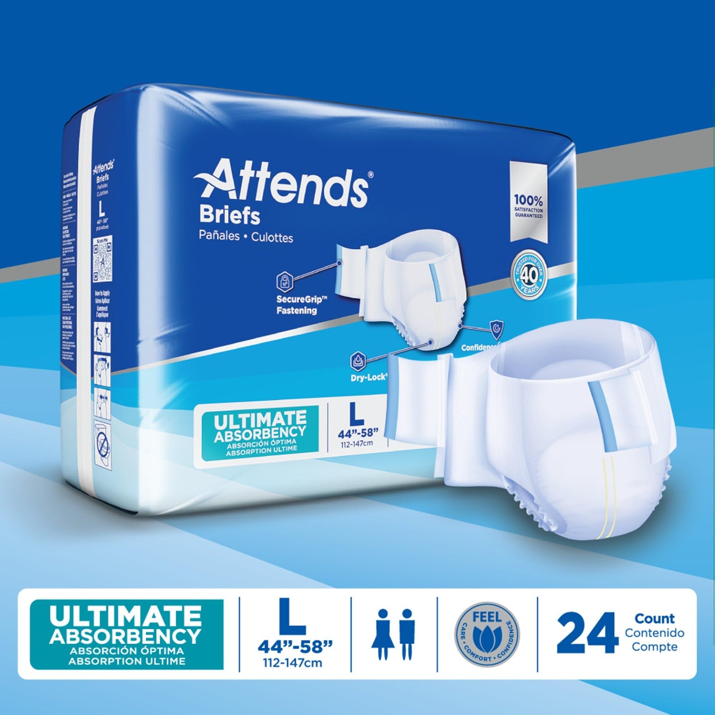 Attends Adult Incontinence Disposable Briefs, Large, 44"-58" Waist with SecureGrip Tab Closure, Ultimate Absorbency with Dry-Lock Containment Core and SmartCool Breathable Materials, 24ct Bag