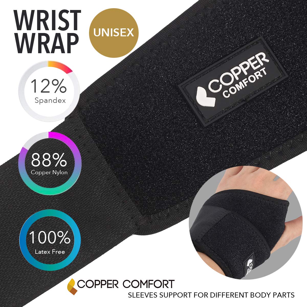 Copper Comfort Lined Wrist Support Glove - Adjustable Band Relieves Muscle Joint Tendon Pain, Guaranteed Highest Copper Content - Reduces Soreness, Stiffness, Arthritis, Tendonitis (Free Size)