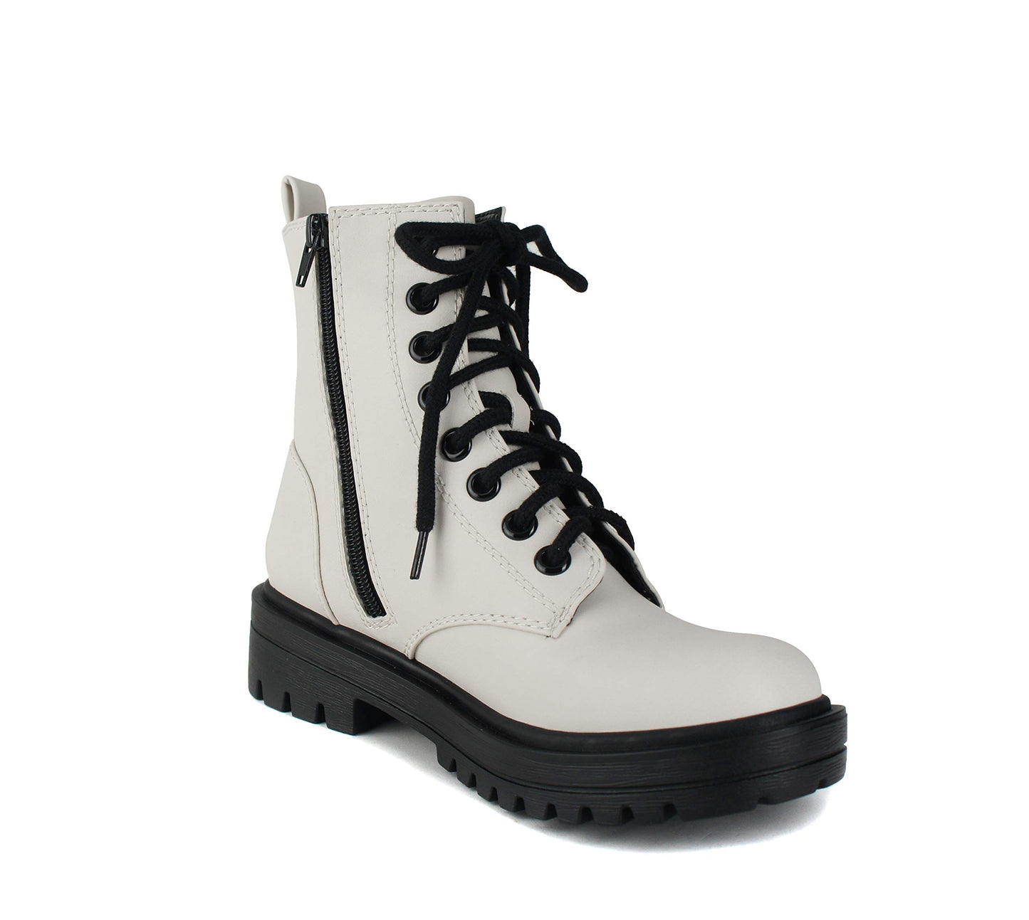 Soda FIRM - Lug Sole Combat Ankle Bootie Lace up w/Side Zipper (White, numeric_8)