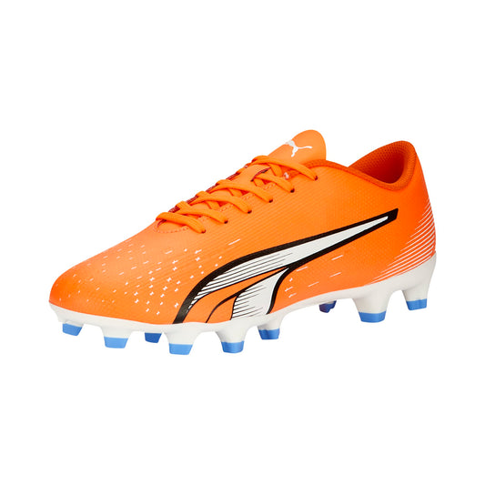 PUMA Womens Ultra Play Firm Ground, Artificial Ground Soccer Cleats, Ultra Orange-PUMA Womens White-Blue Glimmer, 10