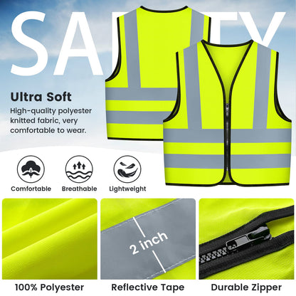 Safety Vest High Visibility Reflective Vest With Zipper Child Hi Vis Vest With Reflective Tape, Neon Yellow Color, Zipper Front (Small)