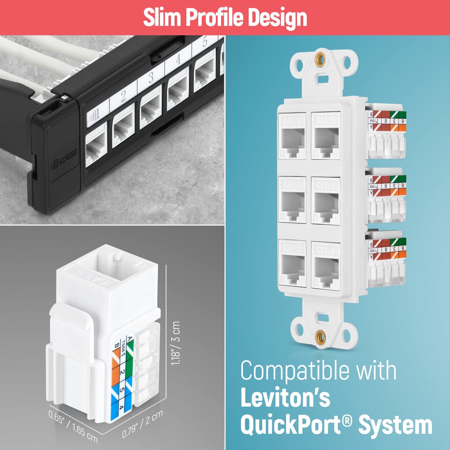 Everest Media Solutions 90� Angled CAT6 Keystone Jack in White - Slim Profile RJ45 Female Connector - Compatible with 90� Angled Speed Termination Tool - easyJACK (B094WB91H3) - 20-Pack