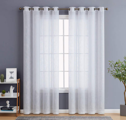 HLC.ME Abbey Faux Linen Textured Semi Sheer Privacy Sun Light Filtering Transparent Window Grommet Long Thick Curtains Drapery Panels for Bedroom & Living Room, 2 Panels (54 W x 108 L, White)