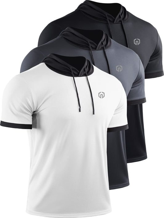 NELEUS Men's Running Shirt Workout Athletic Shirts with Hoodie Pack of 3,5112,Black/Grey/White,Large