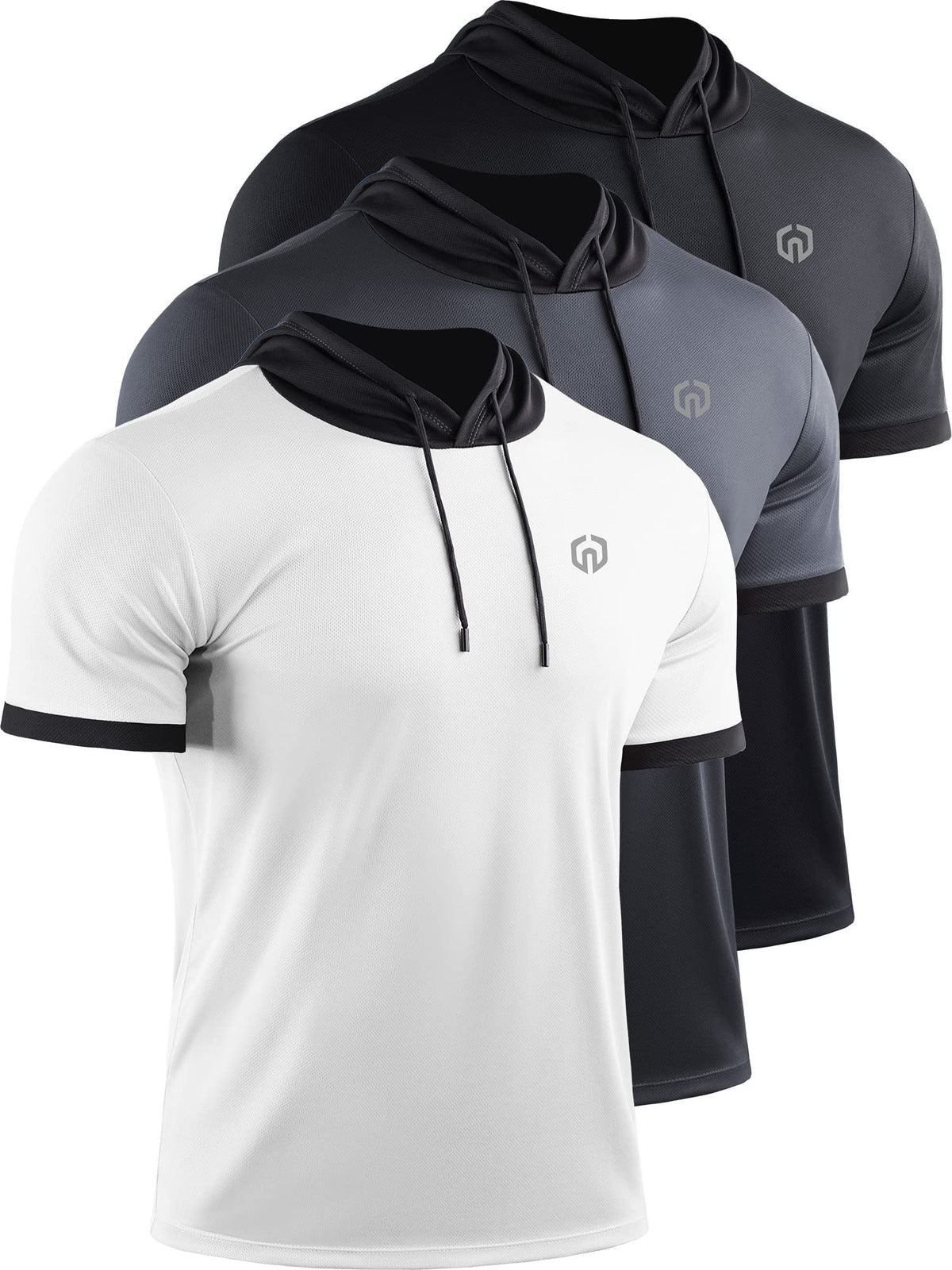 NELEUS Men's Running Shirt Workout Athletic Shirts with Hoodie Pack of 3,5112,Black/Grey/White,Large