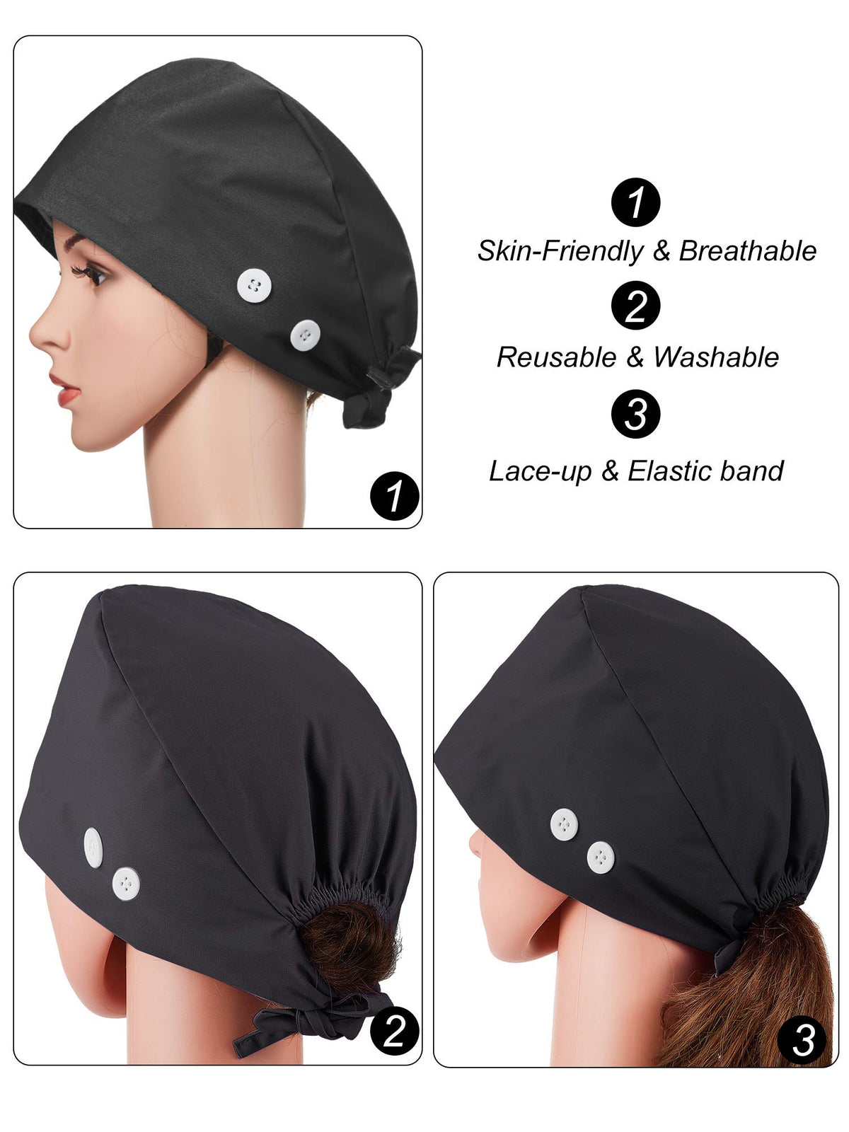 6 Pieces Adjustable Button Caps with Sweatband Bouffant Hats for Women Men (Gray, Green, Purple, Royal Blue, Navy Blue, Black)