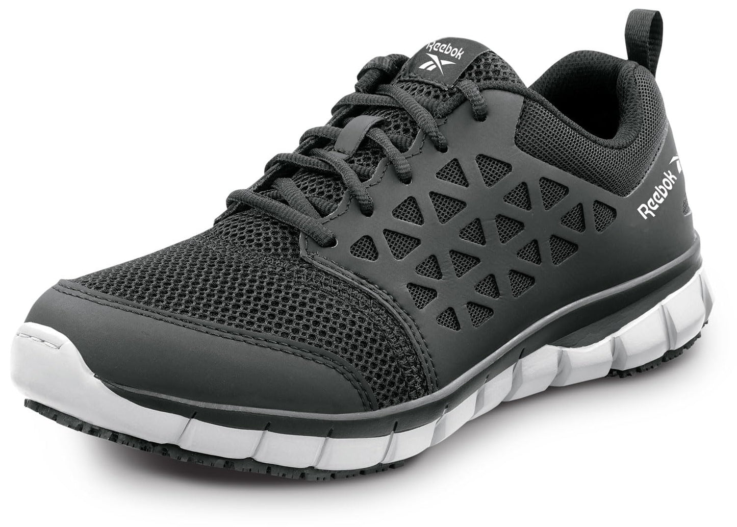 Reebok Work Sublite Cushion Work, Men's, Black/Gray, Athletic Style, MaxTrax Slip Resistant, Soft Toe Work Shoe (7.5 M)