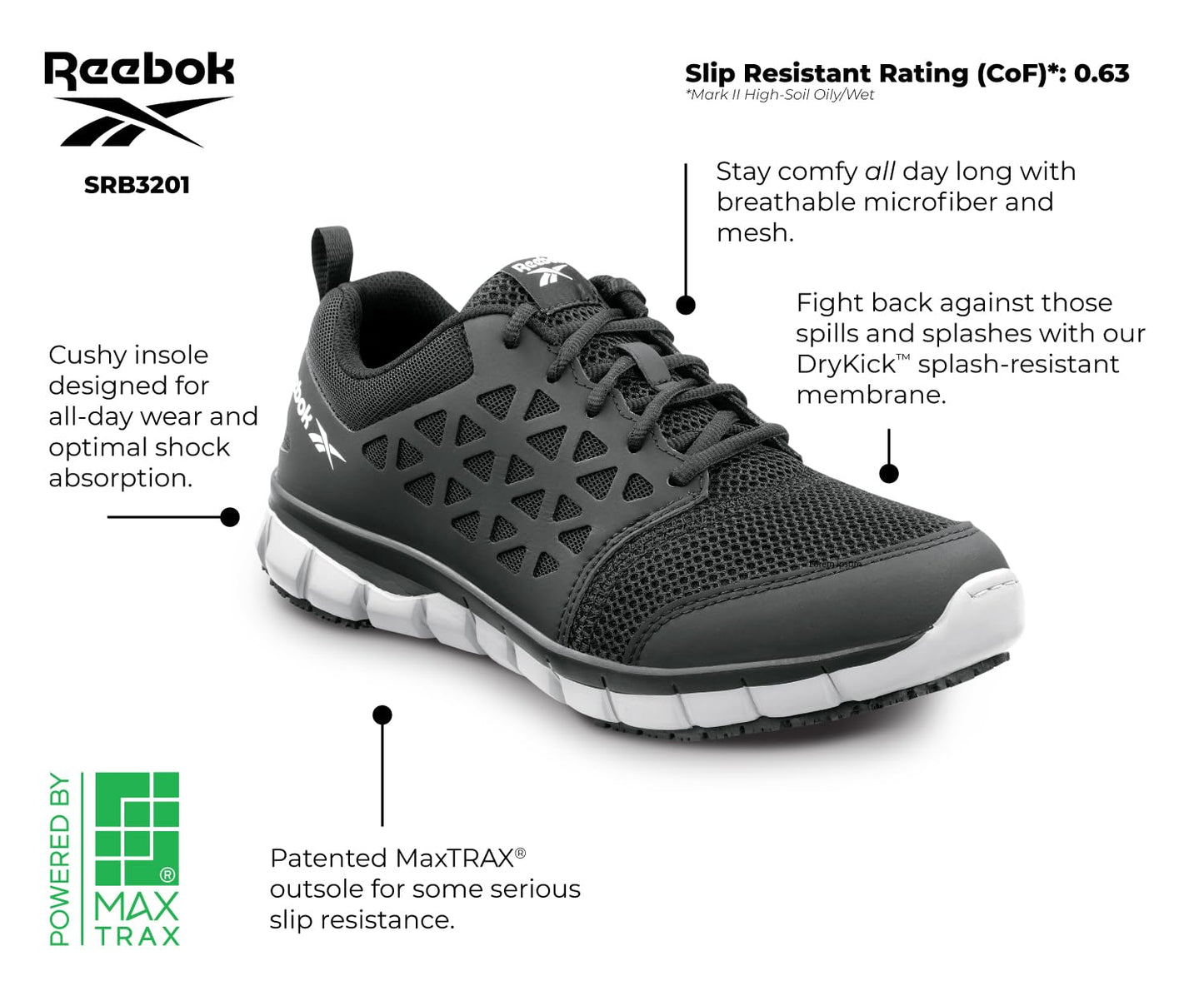 Reebok Work Sublite Cushion Work, Men's, Black/Gray, Athletic Style, MaxTrax Slip Resistant, Soft Toe Work Shoe (7.5 M)