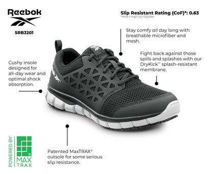 Reebok Work Sublite Cushion Work, Men's, Black/Gray, Athletic Style, MaxTrax Slip Resistant, Soft Toe Work Shoe (7.5 M)