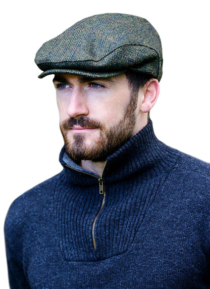 Mucros Weavers Kerry Cap, Irish Hat for Men, Herringbone Wool, Green, Small