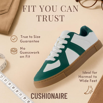 CUSHIONAIRE Bailey Womens Retro Sneaker, Classic Everyday Sneakers for Women with Sleek Rounded Toe and Memory Foam, White/Green 8.5