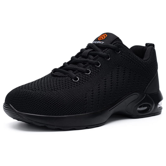 FENLERN Steel Toe Shoes for Women Safety Work Fashion Sneakers Lightweight Air Cushion Comfortable Slip Resistant Breathable (11, Black)
