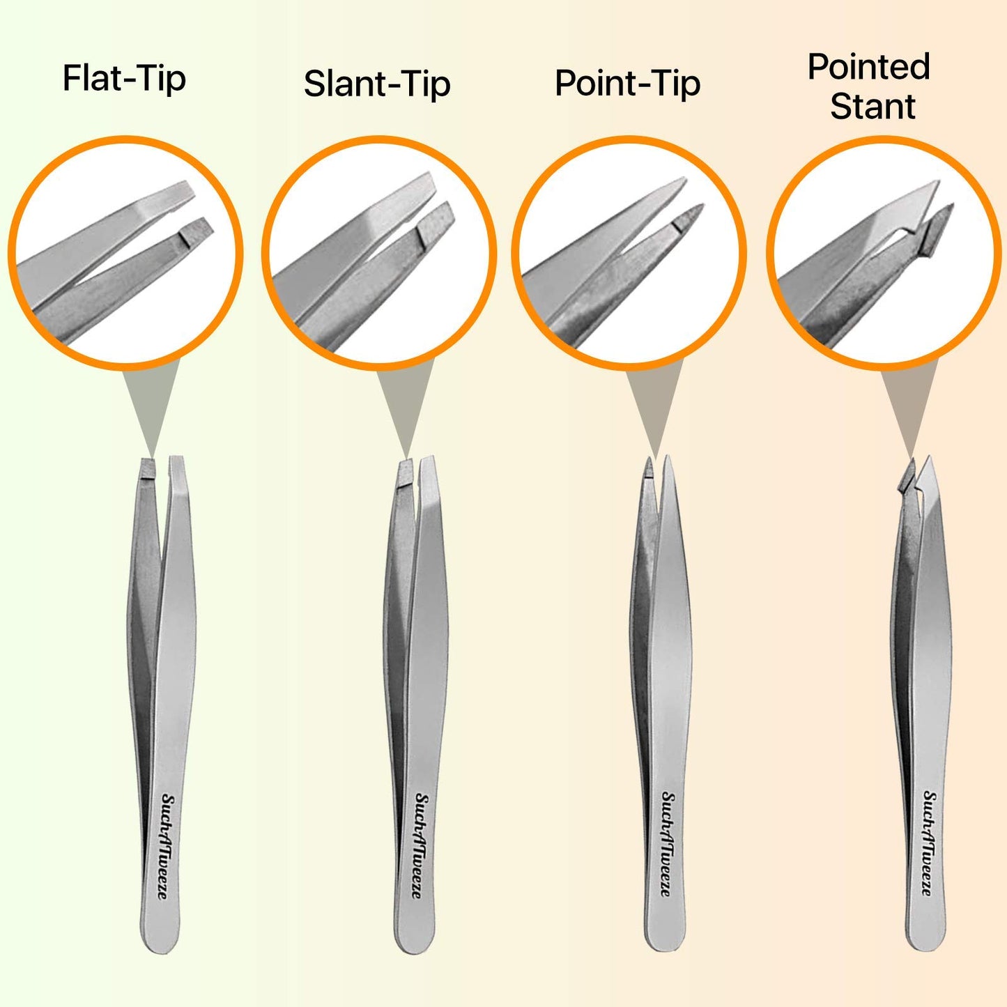 SuchATweeze Stainless Steel Slant Tweezer - Well Designed Protected Tip - Precision Plucker for Men and Women - Perfect for Ingrown and Facial hairs - 5.12� x 1.97� x 0.59�(Set of 4)