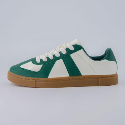 CUSHIONAIRE Bailey Womens Retro Sneaker, Classic Everyday Sneakers for Women with Sleek Rounded Toe and Memory Foam, White/Green 8.5