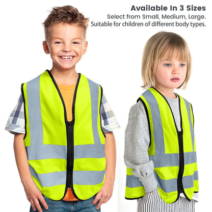 Safety Vest High Visibility Reflective Vest With Zipper Child Hi Vis Vest With Reflective Tape, Neon Yellow Color, Zipper Front (Small)