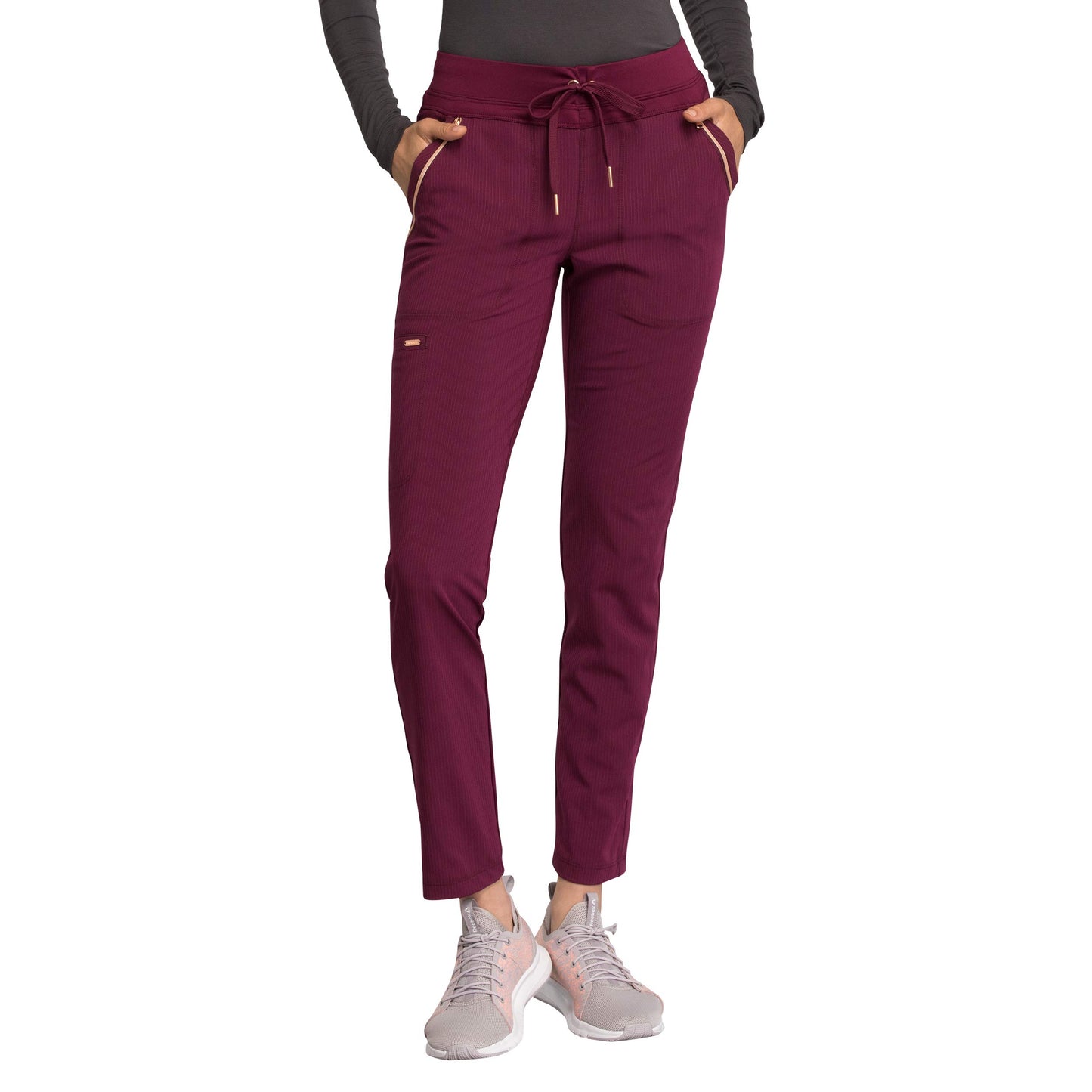 Cherokee Statement Women Scrubs Pant Mid Rise Tapered Leg Drawstring CK055, L, Wine