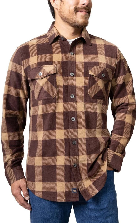Freedom Foundry Mens Lightweight Plush Plaid Fleece Shirt XX-Large, Regular Brown