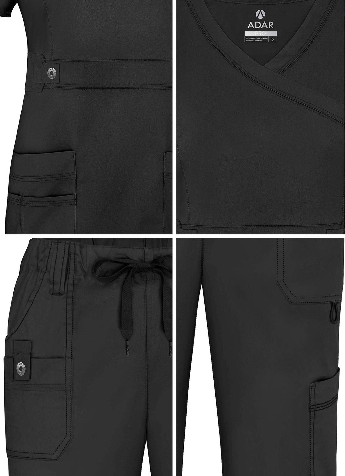 Adar Active Classic Scrub Set For Women - Crossover Top and Multi Pocket Pants - 3500 - Black - XXS