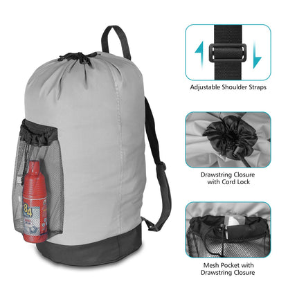 Dalykate Laundry Backpack with Shoulder Straps and Mesh Pocket Durable Nylon Clothes Hamper Bag with Drawstring Closure for College, Travel, Laundromat, Apartment