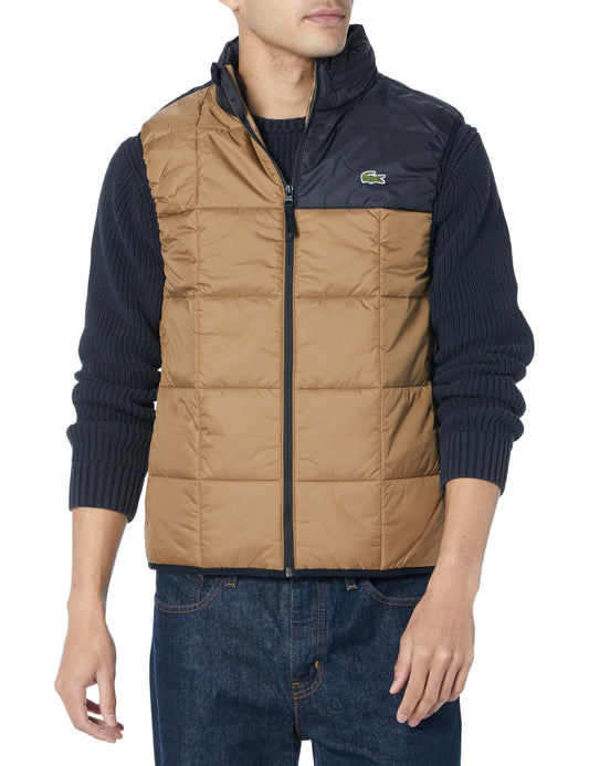 Lacoste Men's Colorblock Full Zip Hooded Vest, COOKIE/NOIR, Large