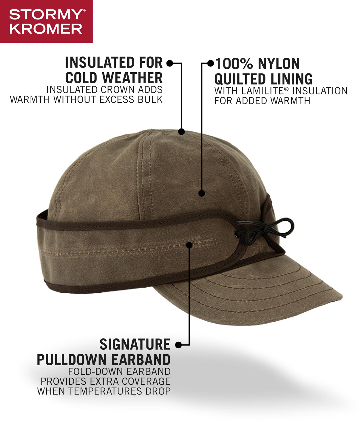 Stormy Kromer The Insulated Waxed Cotton Cap, Dark Oak, Size 7 3/8