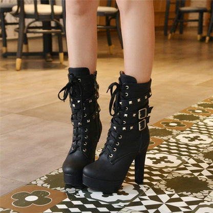 Women Autumn Round Toe Lace Up Ankle Buckle Chunky High Heel Platform Knight Boots (Black2, 7.5)�