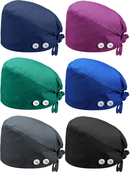 6 Pieces Adjustable Button Caps with Sweatband Bouffant Hats for Women Men (Gray, Green, Purple, Royal Blue, Navy Blue, Black)
