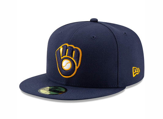 New Era 59Fifty Hat Milwaukee Brewers Glove Navy Blue Alt2 Fitted Cap (7 3/4)
