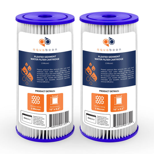 Aquaboon 5 Micron Pleated Sediment Water Filter 10 x 4.5 Cartridge - Whole House Water Filter Replacement - Whole House Water Filters Cartridges Compatible with Well Filters FXHSC, R50-BBSA, 2-Pack