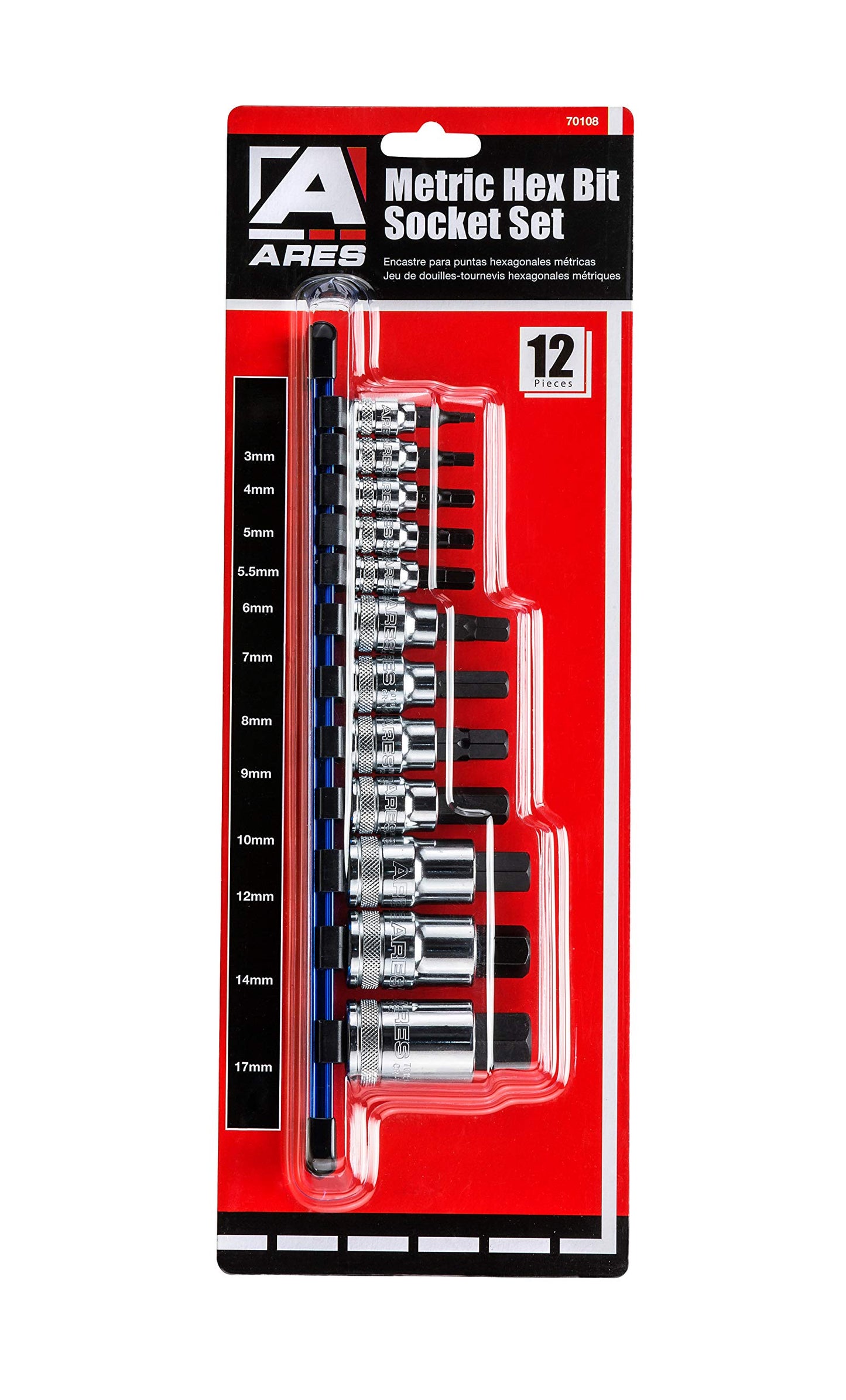ARES 70108-12-Piece Metric Hex Bit Socket Set - Chrome Vanadium Sockets with S2 Alloy Bits - Includes Aluminum Socket Organizer