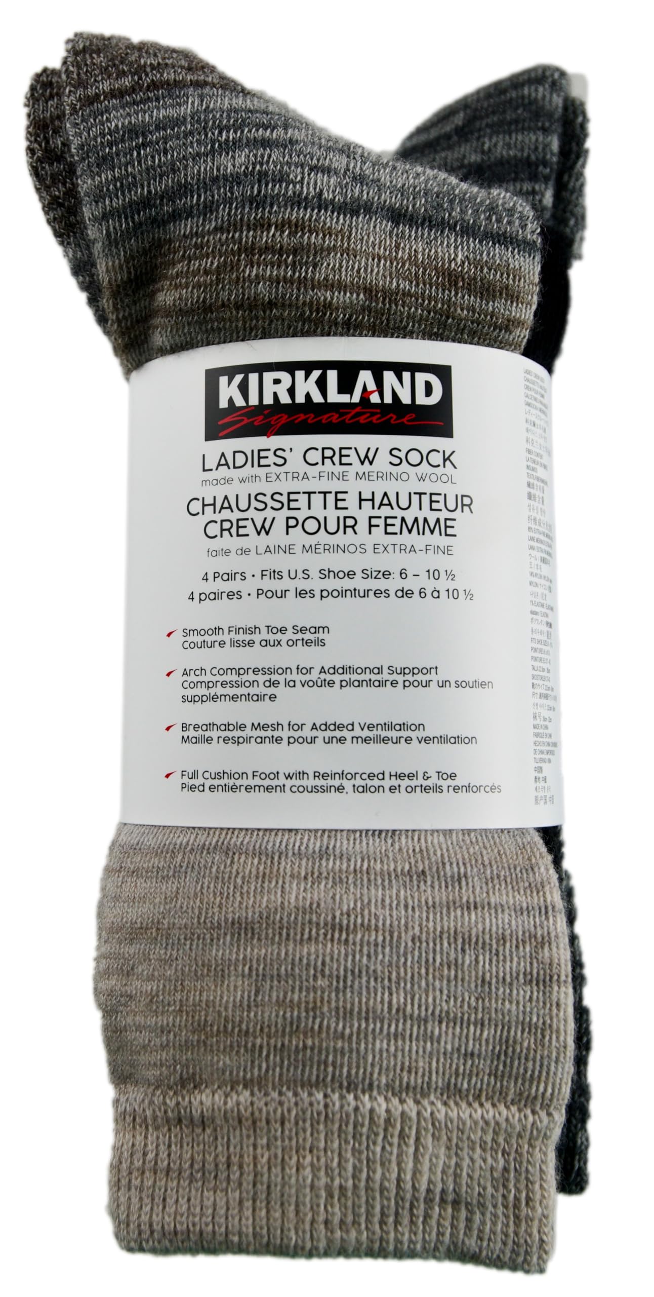 KIRKLAND Signature Ladies' Extra-Fine Merino Wool Crew Socks, Multi-Color, 4 Pairs