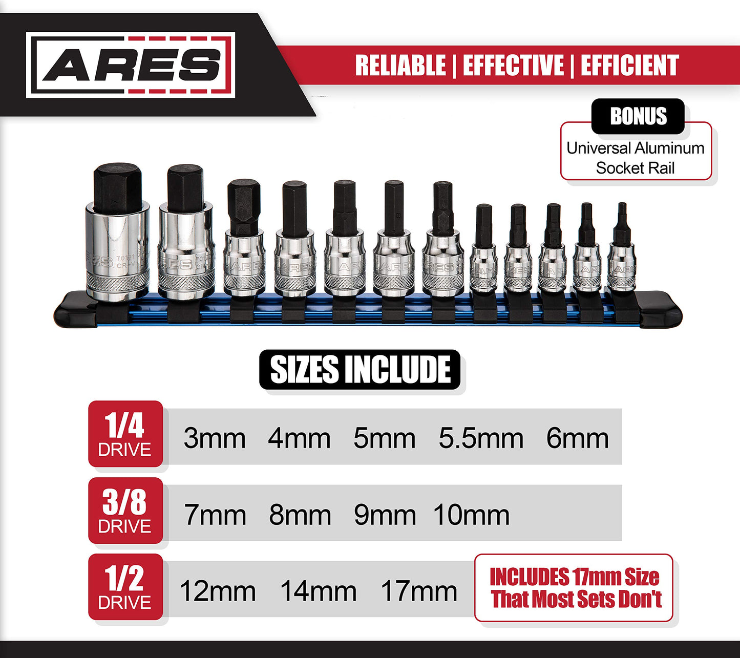 ARES 70108-12-Piece Metric Hex Bit Socket Set - Chrome Vanadium Sockets with S2 Alloy Bits - Includes Aluminum Socket Organizer