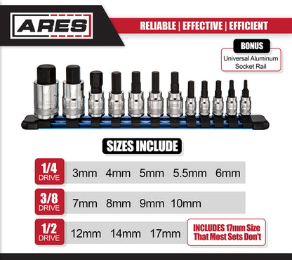 ARES 70108-12-Piece Metric Hex Bit Socket Set - Chrome Vanadium Sockets with S2 Alloy Bits - Includes Aluminum Socket Organizer