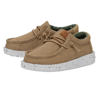 HEYDUDE Boy's Wally-Youth Washed Canvas Walnut Size 2 | Youth's Shoes | Youth Slip-on Loafers | Comfortable & Light-Weight