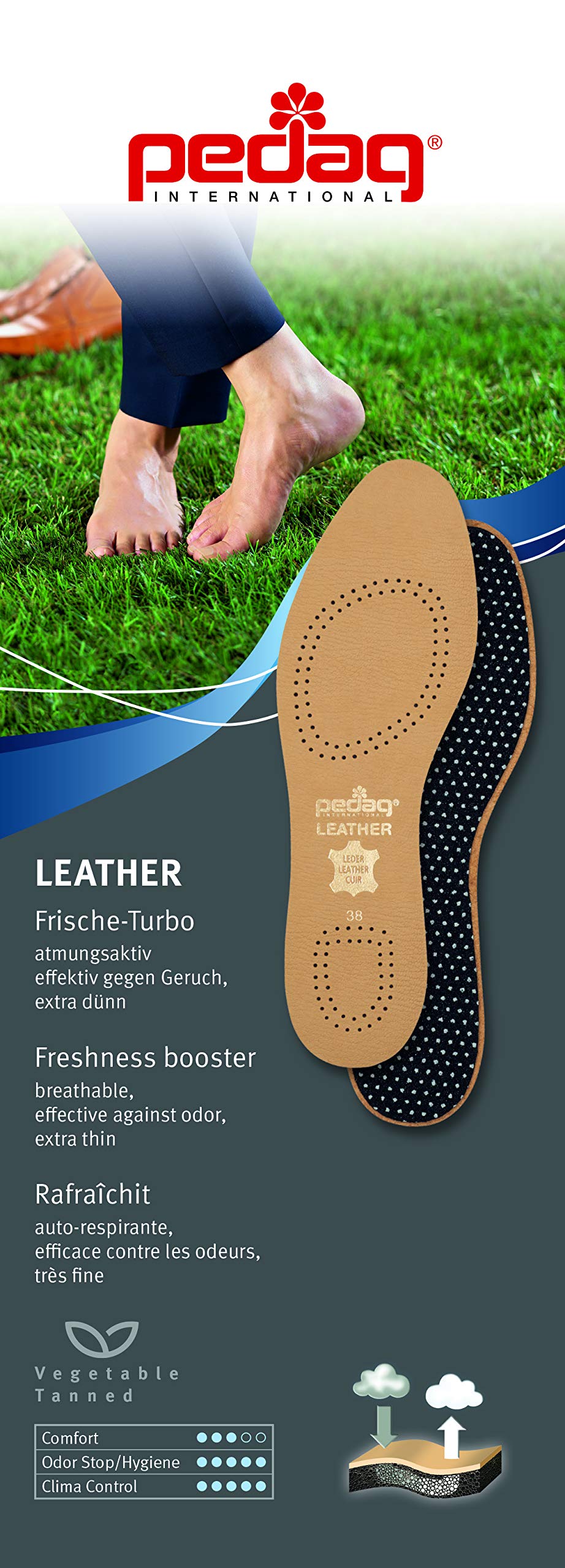 pedag Leather Insole with Sweat Wicking Carbon Layer, Handmade in Germany, Fits Pumps and Dress Shoes, Tan, US W12 M9 / EU 42