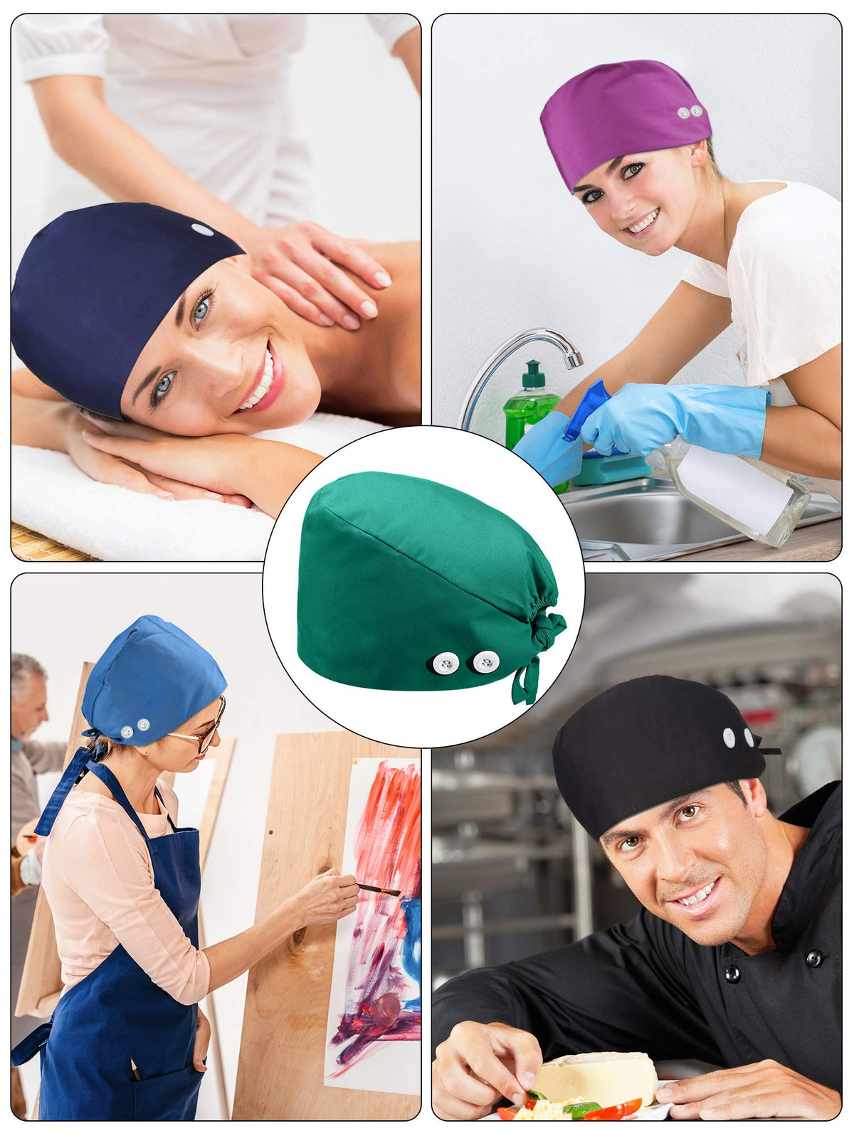 6 Pieces Adjustable Button Caps with Sweatband Bouffant Hats for Women Men (Gray, Green, Purple, Royal Blue, Navy Blue, Black)