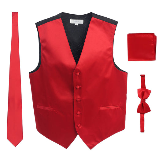 Gioberti Men's Formal 4pc Satin Vest Necktie Bowtie and Pocket Square, Red, 3X Large