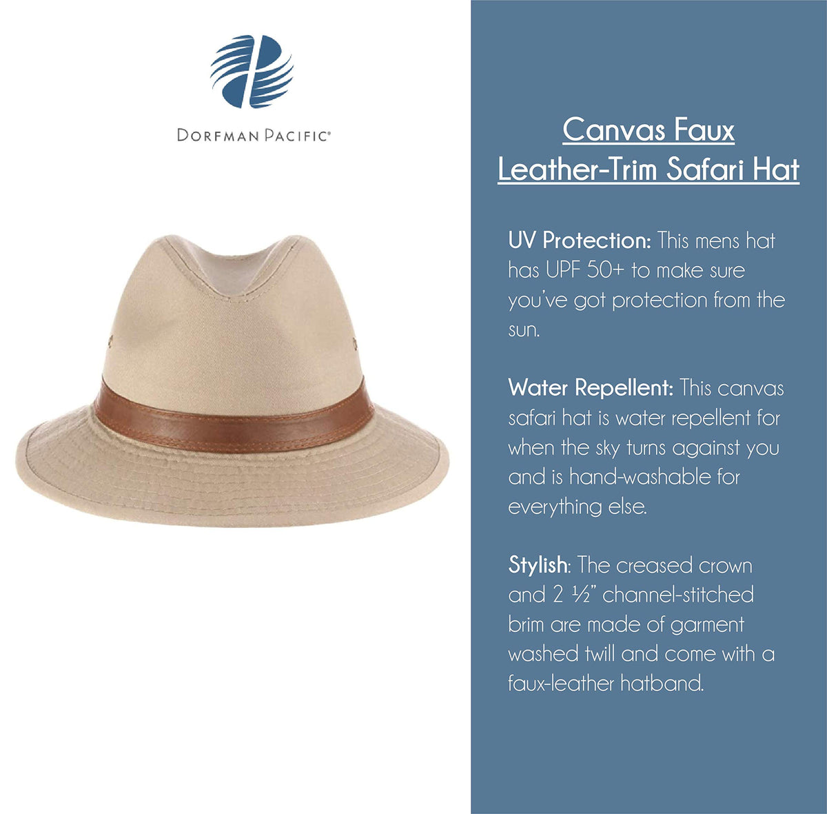 Dorfman Hat Co. Men's Canvas Safari Hat Size XX-Large Khaki Faux Leather Trim
