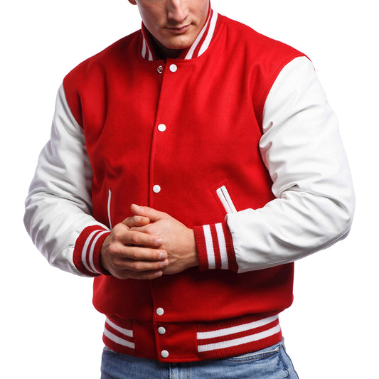 Varsity Base Letterman Jacket (Scarlet Wool, White Leather, Large)