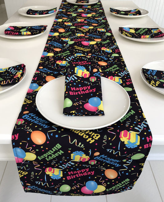 Celebration Tablecloths Happy Birthday Table Runner and Napkins Set (Black, 14" x 108" with 10 Napkins)