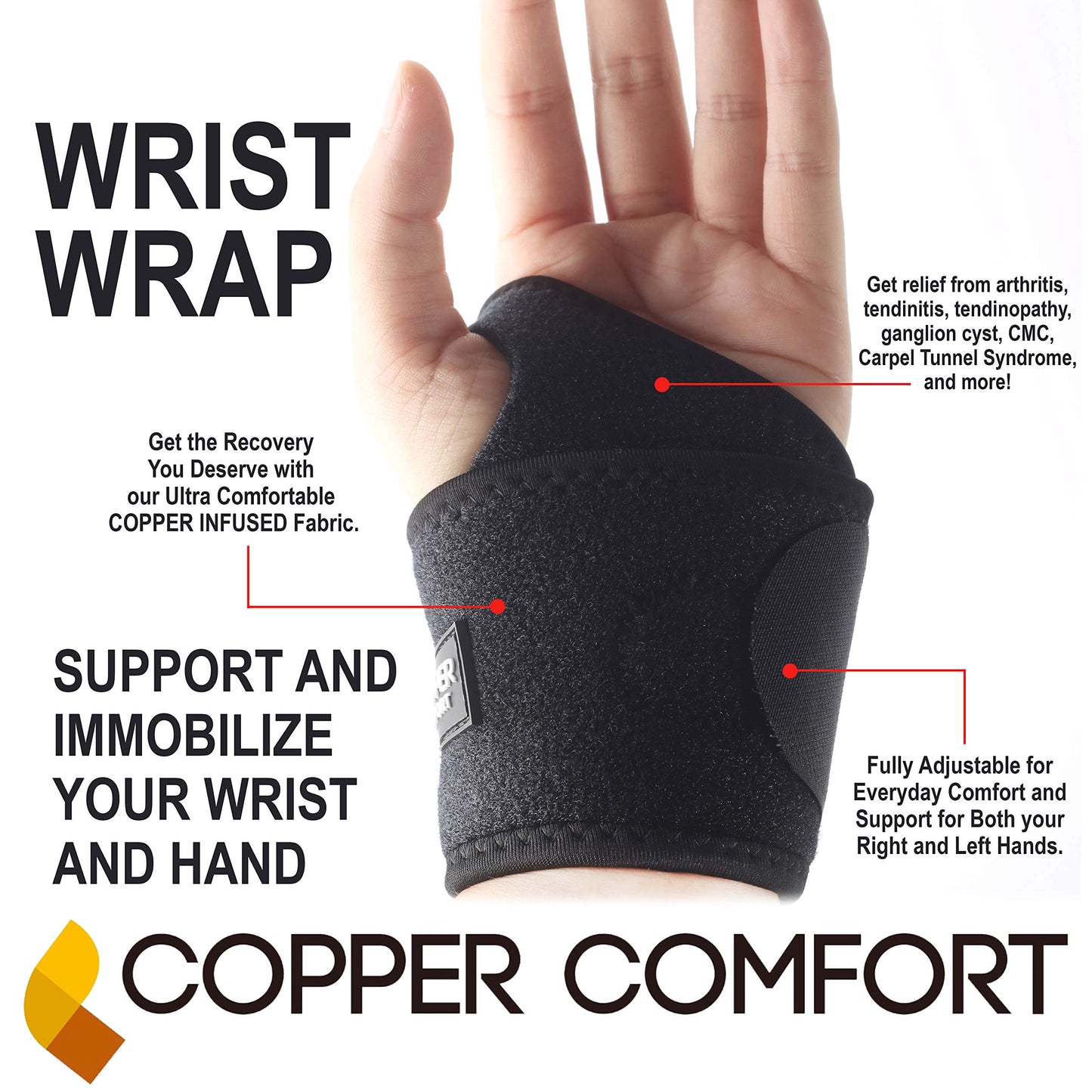 Copper Comfort Lined Wrist Support Glove - Adjustable Band Relieves Muscle Joint Tendon Pain, Guaranteed Highest Copper Content - Reduces Soreness, Stiffness, Arthritis, Tendonitis (Free Size)