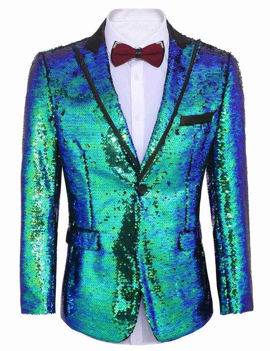 JINIDU Men Peak Lapel Sequined D�cor Patchwork Slim Fit One Button Party Wedding Blazer Blue