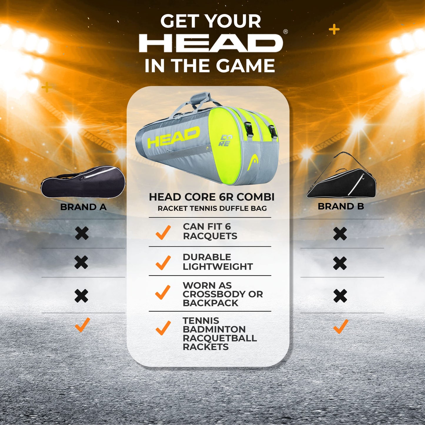HEAD Core 6R Combi Tennis Racquet Bag - 6 Racket Tennis Equipment Duffle Bag
