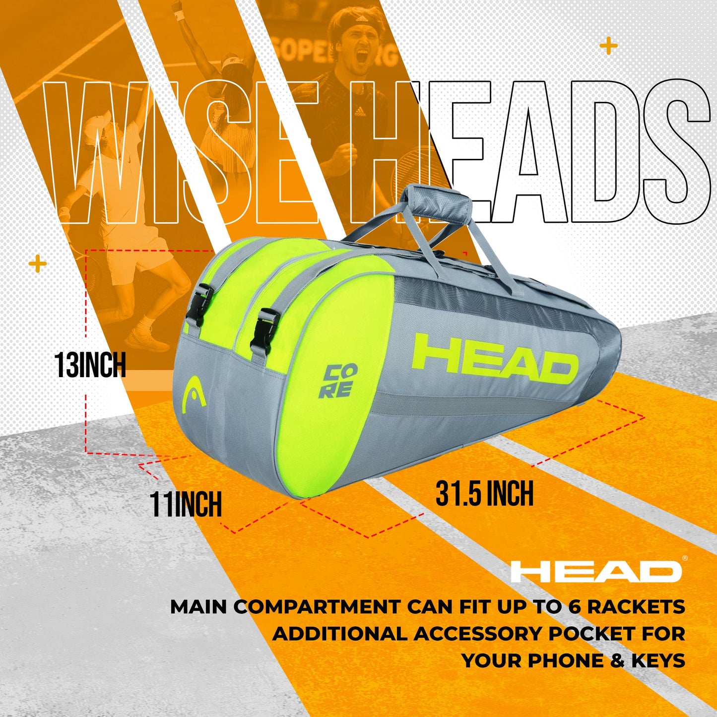 HEAD Core 6R Combi Tennis Racquet Bag - 6 Racket Tennis Equipment Duffle Bag